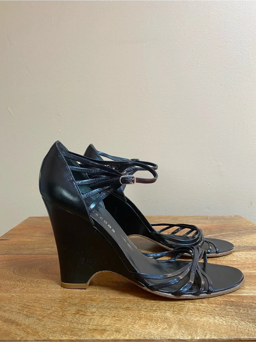 VTG Y2K Marc Jacobs Black Leather Wedge Shoes Ankle Strap